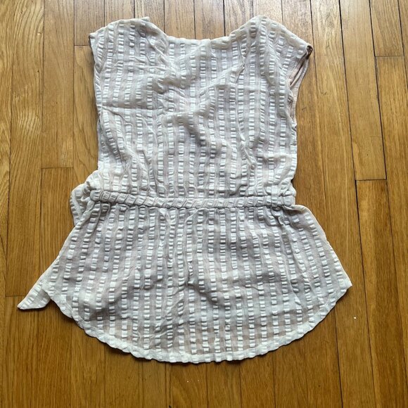 Anthropologie Deletta Size S Beige Malpelo Cap Sleeve Faux Wrap Peplum Blouse - Picture 5 of 13